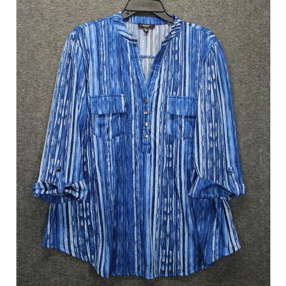 Cocomo Shirt Womens 1X Blue Blouse Abstract Roll Tab Sleeve - Picture 1 of 5